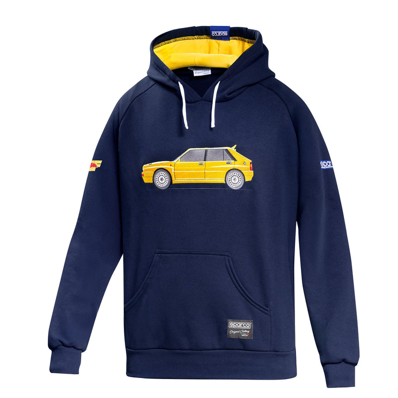 Sparco Lancia HF Delta Hoodie — Dark Blue/Yellow — front